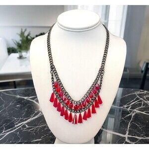 New Boutique Necklace Red Faceted Bead Hematite Tone 3E